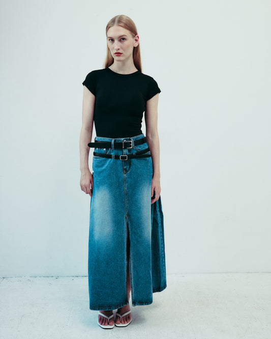DROP 5 DOUBLE BELTED DENIM SKIRT