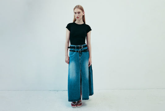 DROP 5 DOUBLE BELTED DENIM SKIRT