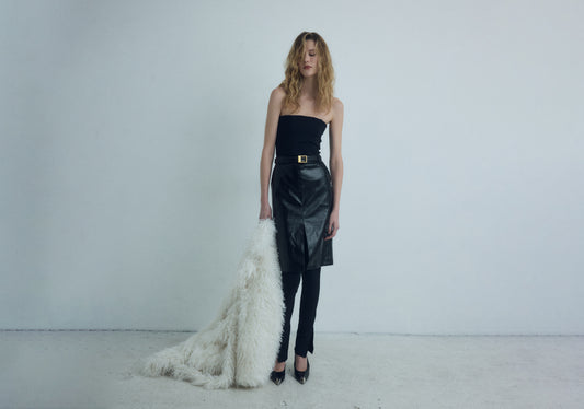 DROP 6 VEGAN LEATHER MIDI SKIRT WITH BELT